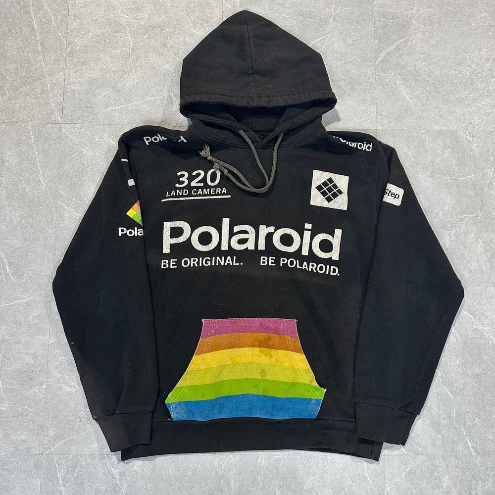 Polaroid 320 Land Camera Graphic Hoodie Black Rainbow Pocket Mens Medium